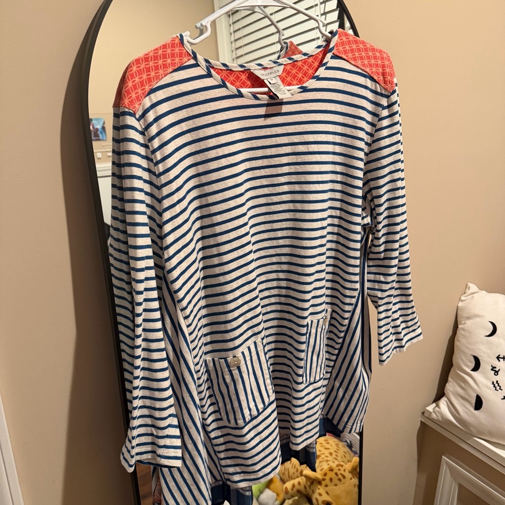 Multiples Blue & White Striped Long Sleeve Top with Coral Accents